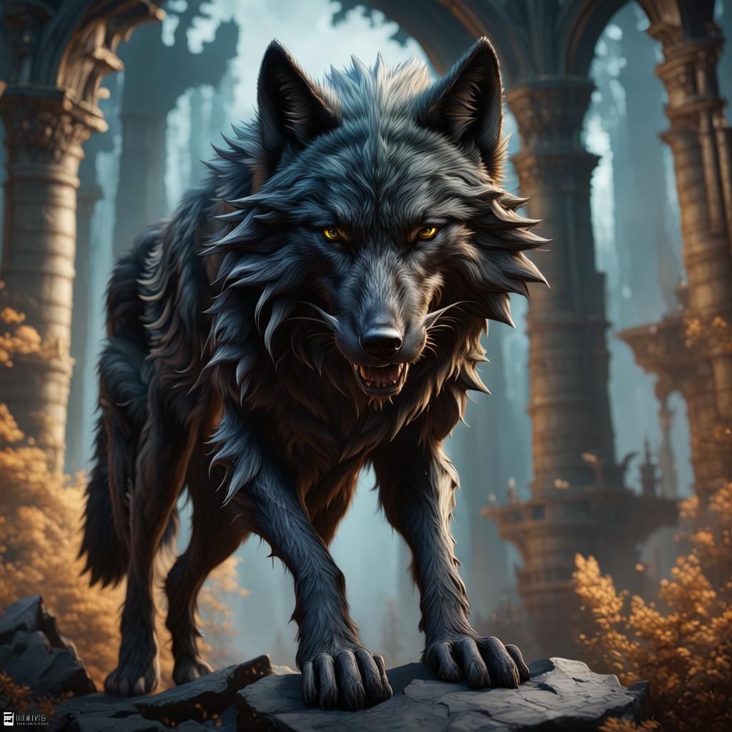 Detailed Matte Painting of a Black Wolf