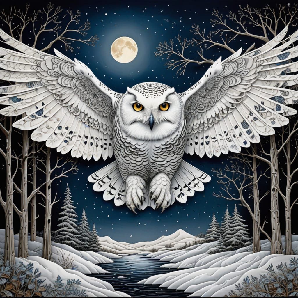 Snowy Owl in Flight: Victorian Cut-Paper Style