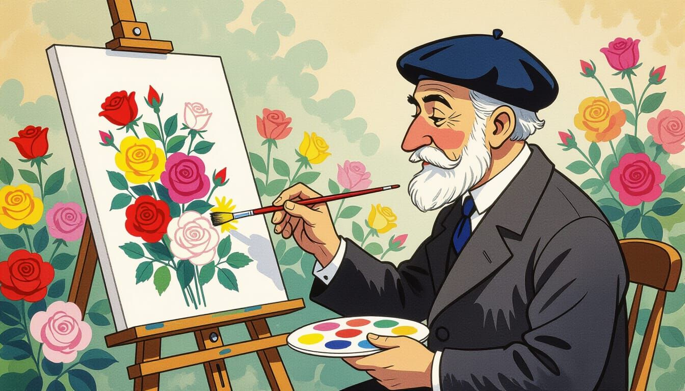 Whimsical Roses in Bemelmans Style