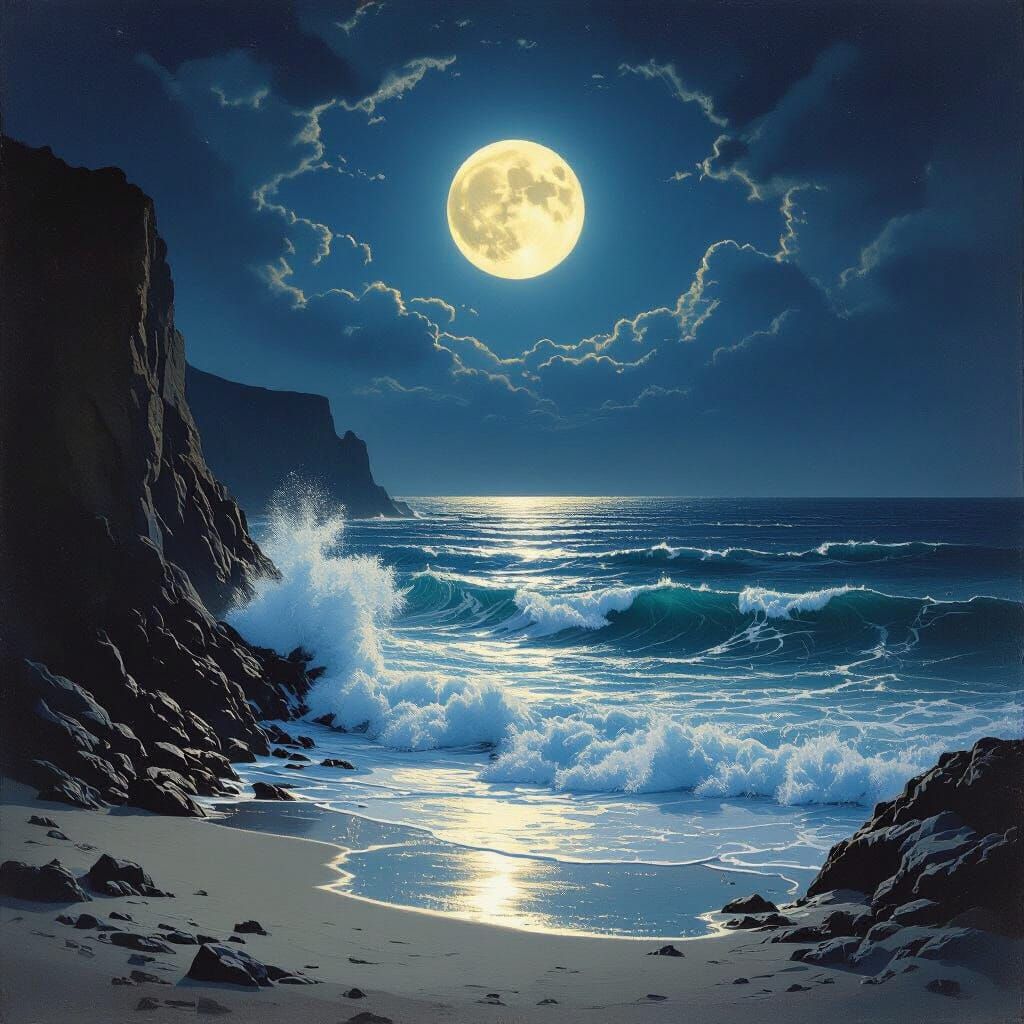 Moonlit Beach with Cliffs in Romantic Style