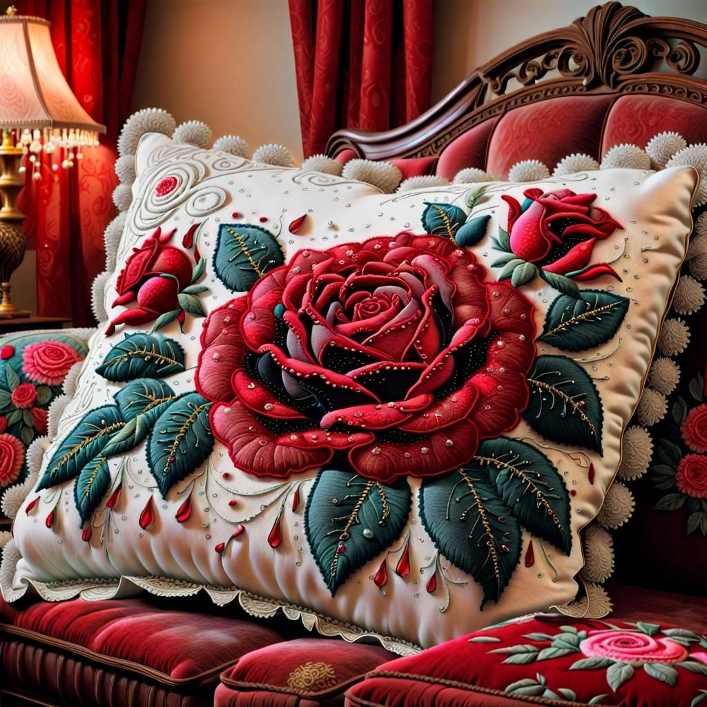 Embroidered Rose Pillow on Ornate Couch