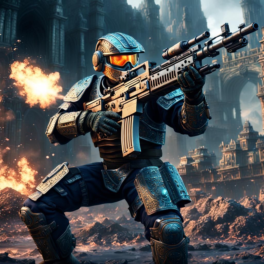 Armored Soldier Fires Machine Gun in Fantasy Art