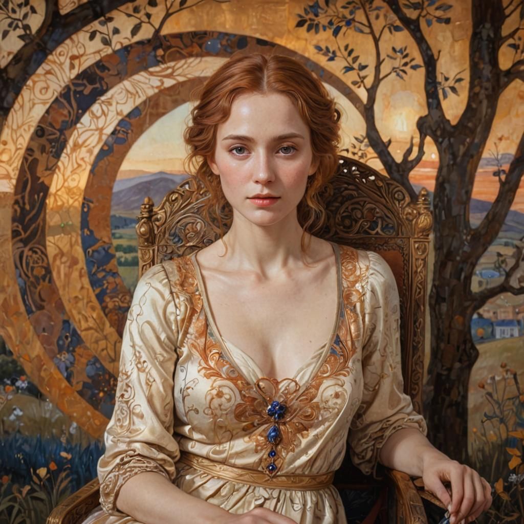 Symbolist Woman in Golden Light, Ornate Painting