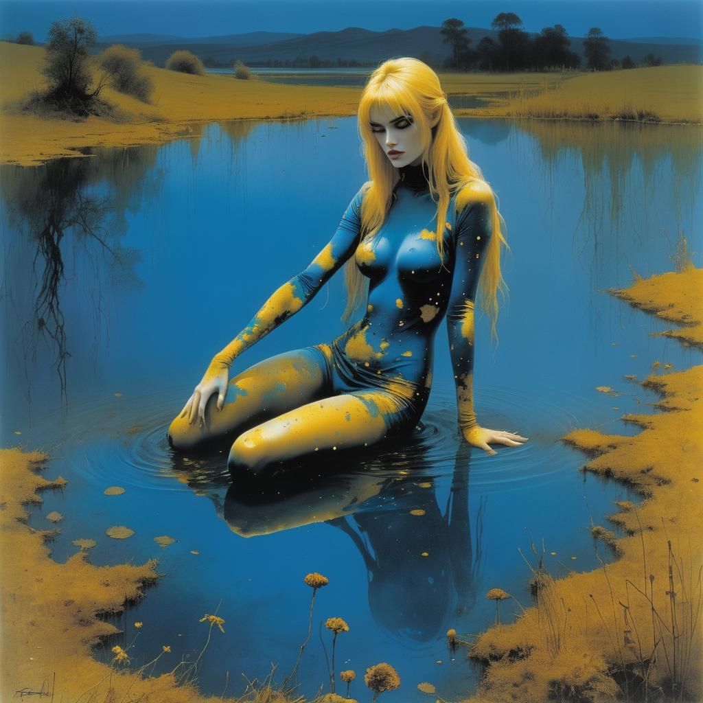 Golden Blue Girl in Lake, Ink Splatter Art