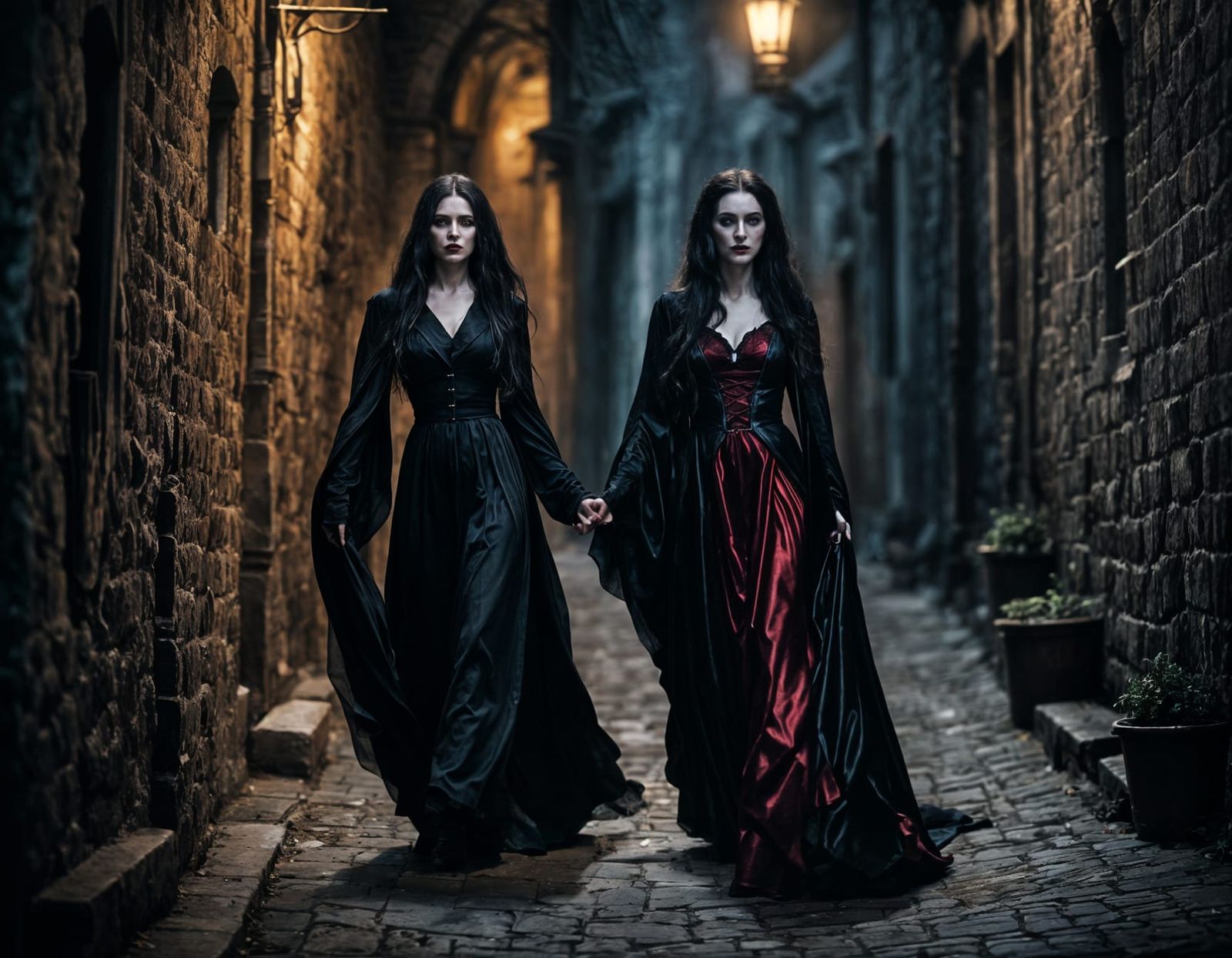 vampire women walking in a dark alley