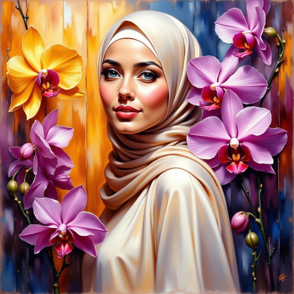 Woman in Hijab Surrounded by Vivid Orchids