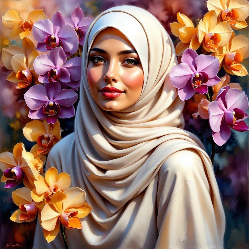 Hijab Woman Surrounded by Blooming Orchids