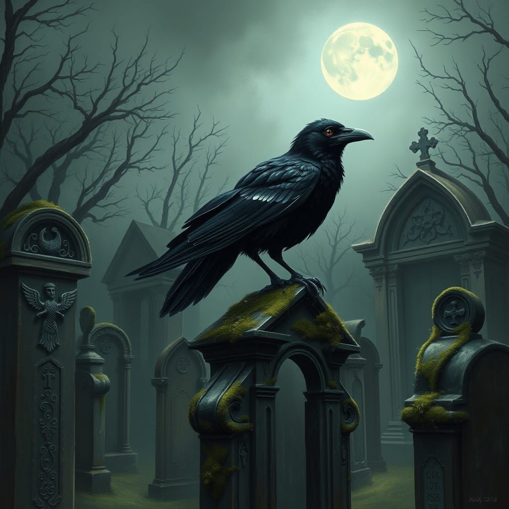 A solitary raven with feathers like polished obsidian, perched upon a crumbling mausoleum in a forgotten cemetery, its e...