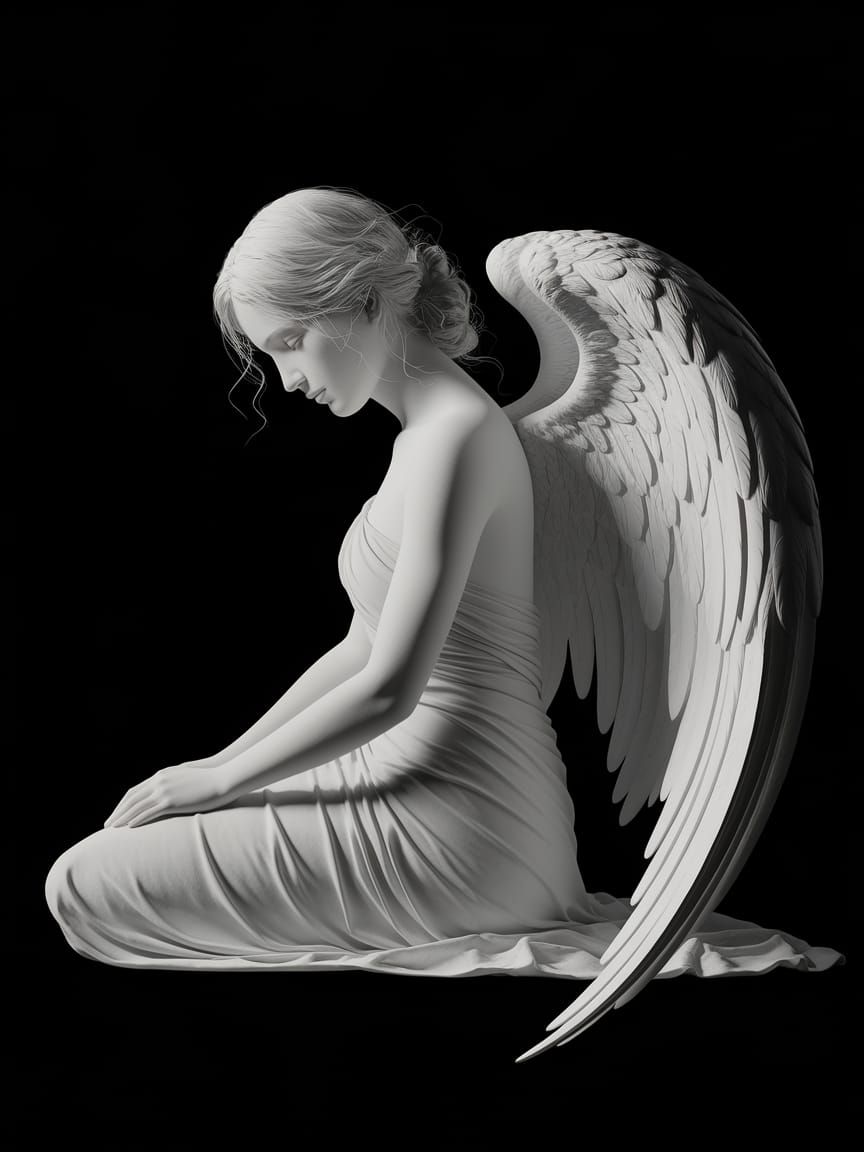Elegant Angel in Detailed Line Art on Black