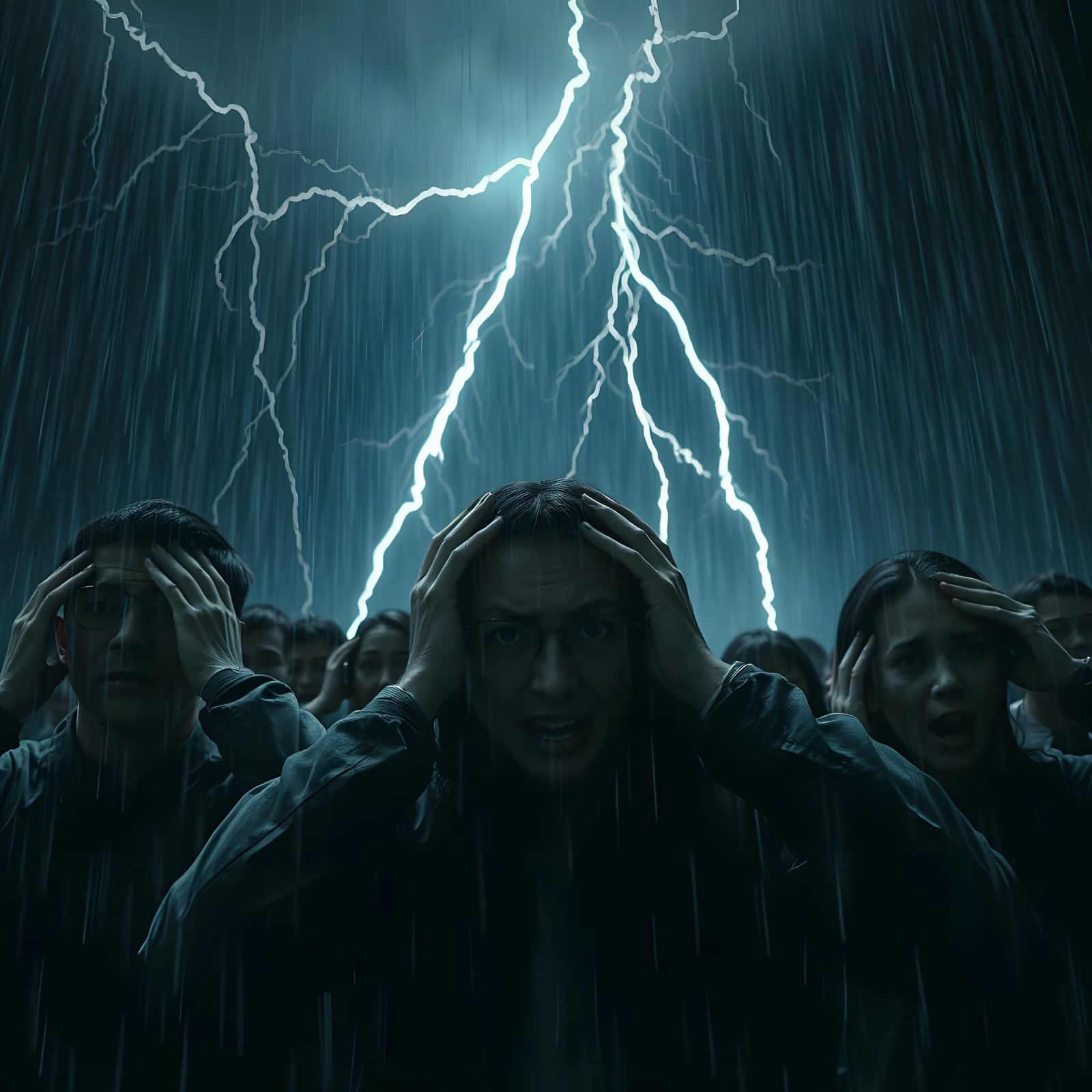 Frightened People Hiding From Intense Thunderstorm