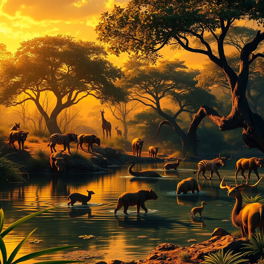 Exotic African Wildlife Oasis in Vibrant Color