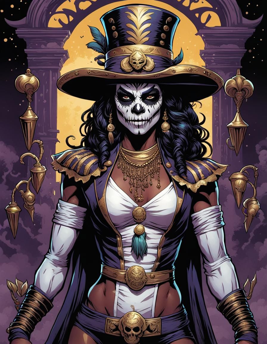 female wrestler wearing Mardi Gras Baron Samedi outfit