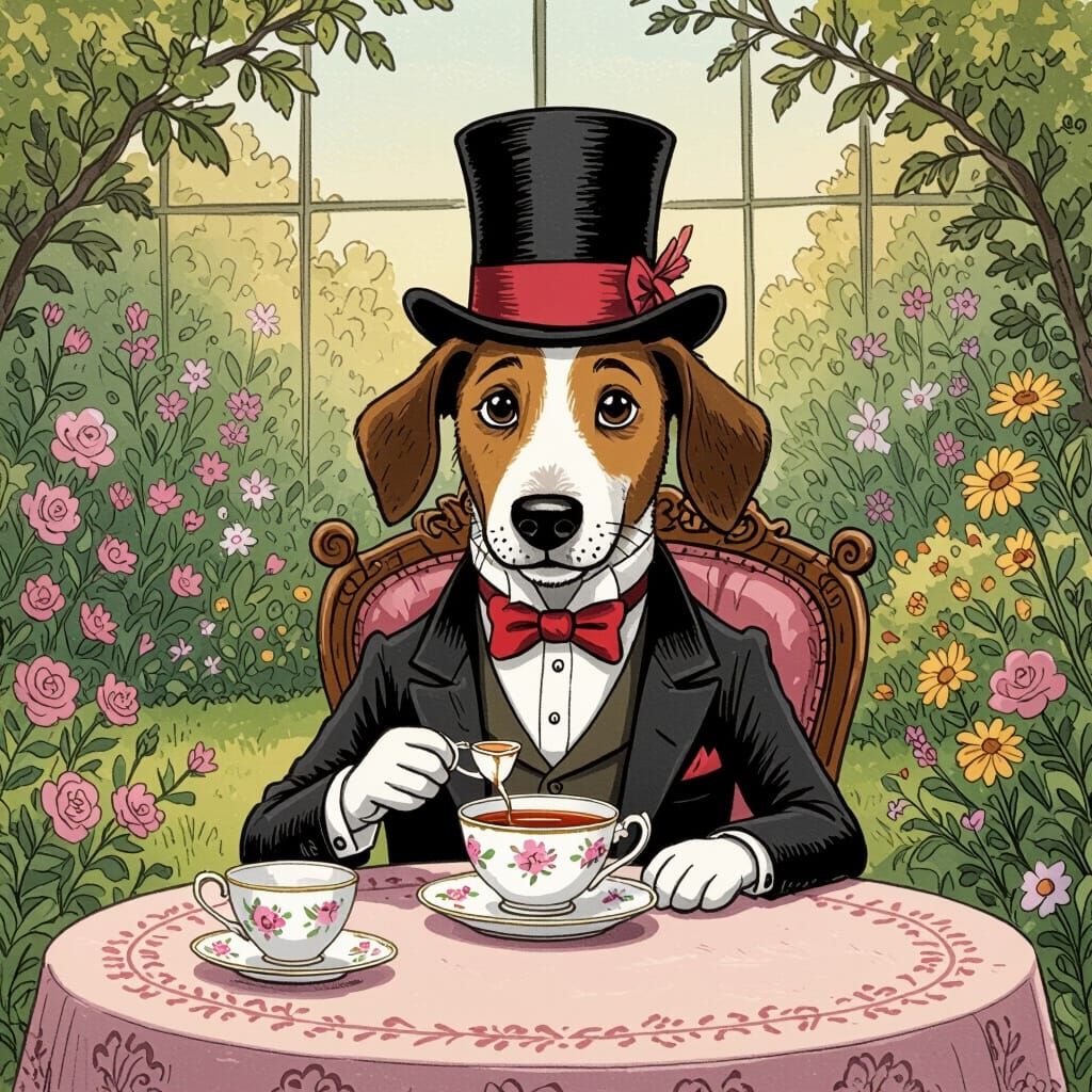 Dog Man Enjoys Tea in a Whimsical Victorian Garden
