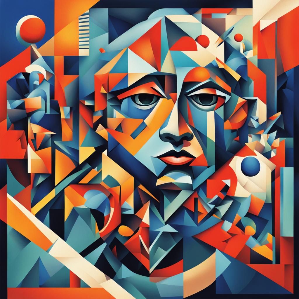 Geometric Cubist Painting in Art Deco Style