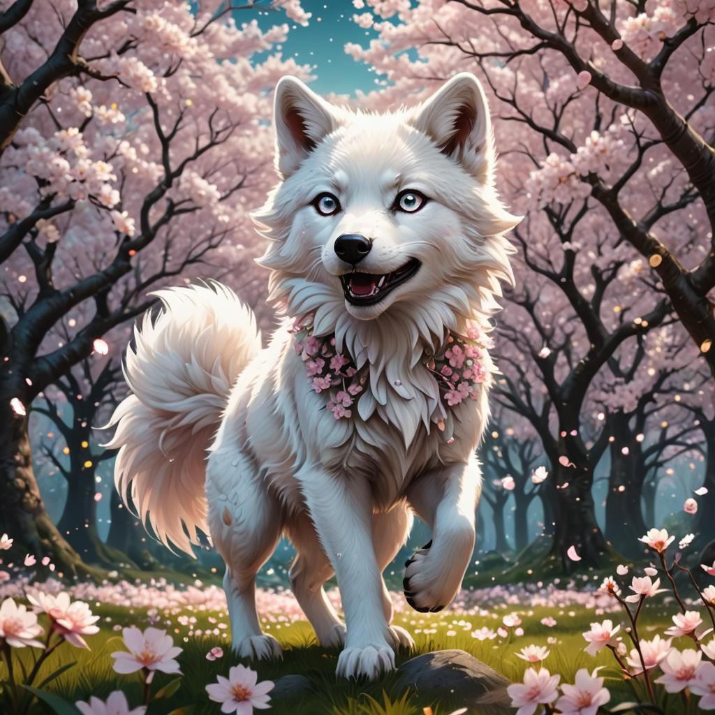 Chibi Arctic Wolf in Cherry Blossom Grove