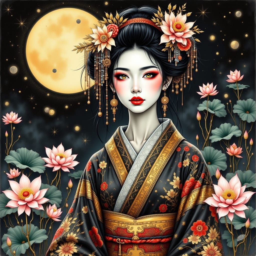 Geisha in Starry Celestial Watercolor Acrylics