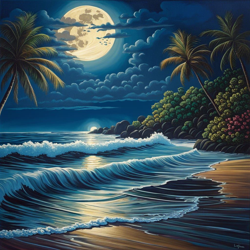 Tropical Beach at Night with Full Moon