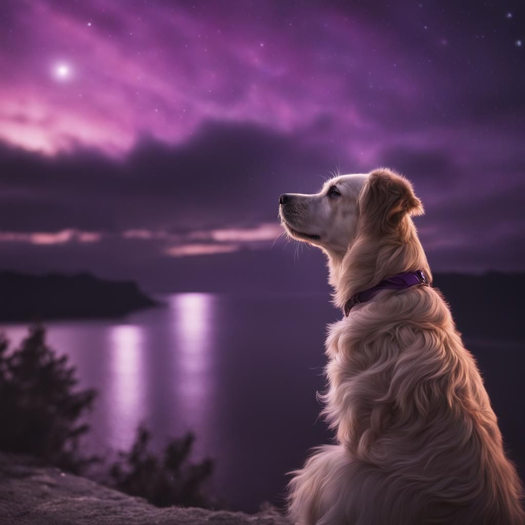 Hyperrealistic Dog Gazing at Purple Night Sky
