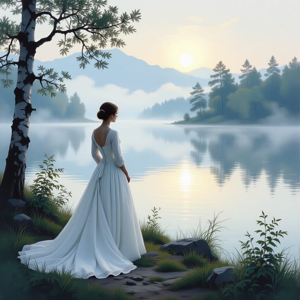 Woman by Misty Lake in Romantic Style