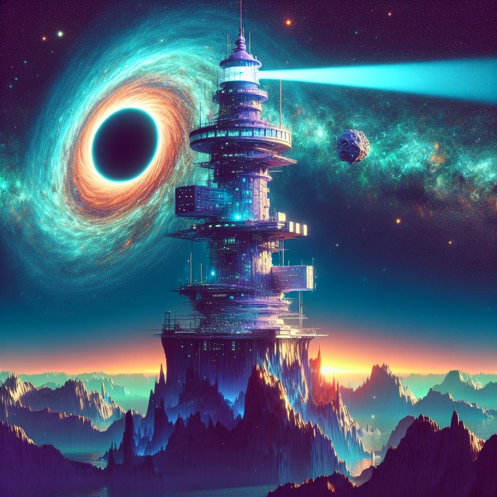 Futuristic Lighthouse on Asteroid Before Black Hole