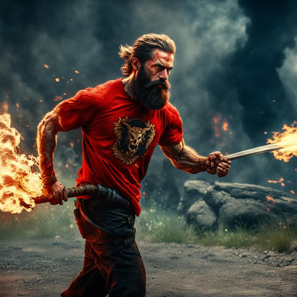 Fiery Warrior with Flaming Sword on Battlefield