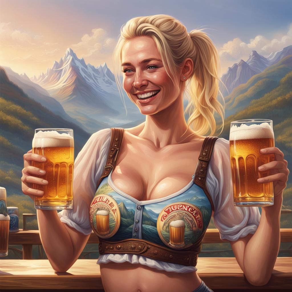 Woman Embracing Beer Pints in Hyperrealistic Splash Art