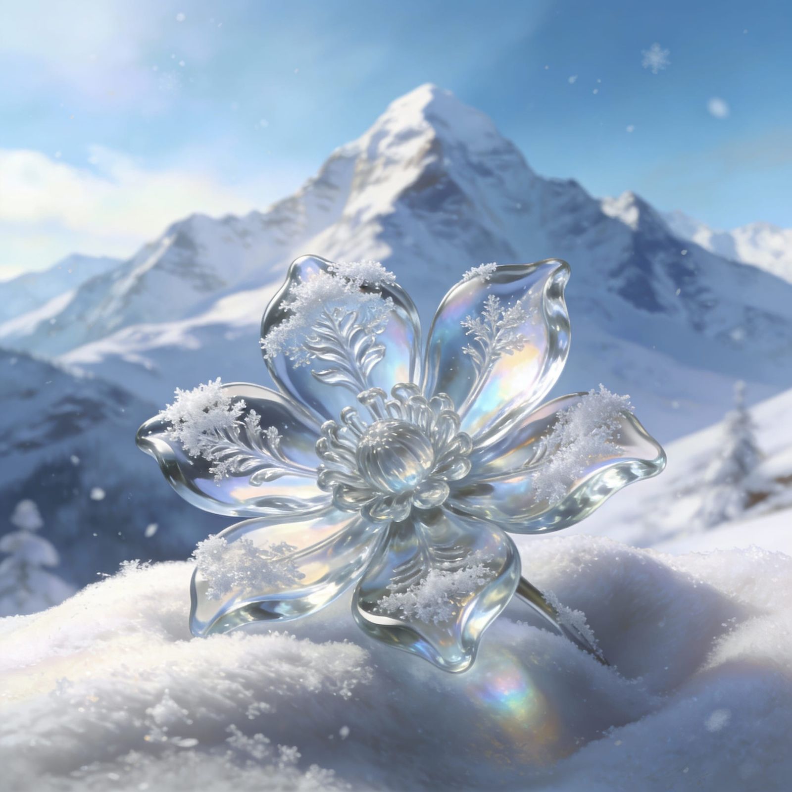 Glass Flower in Snow with Mountain Backdrop