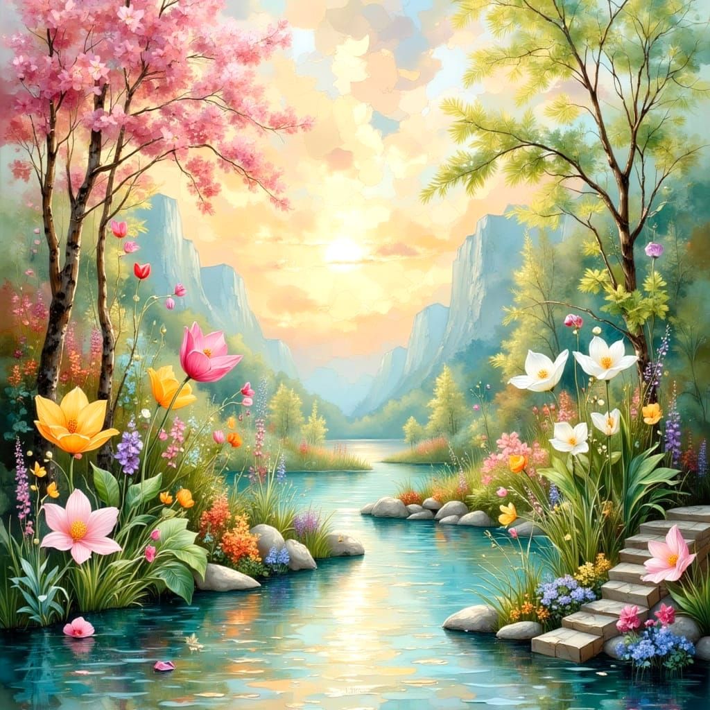 Pastel Mosaic Landscape with Water Reflections