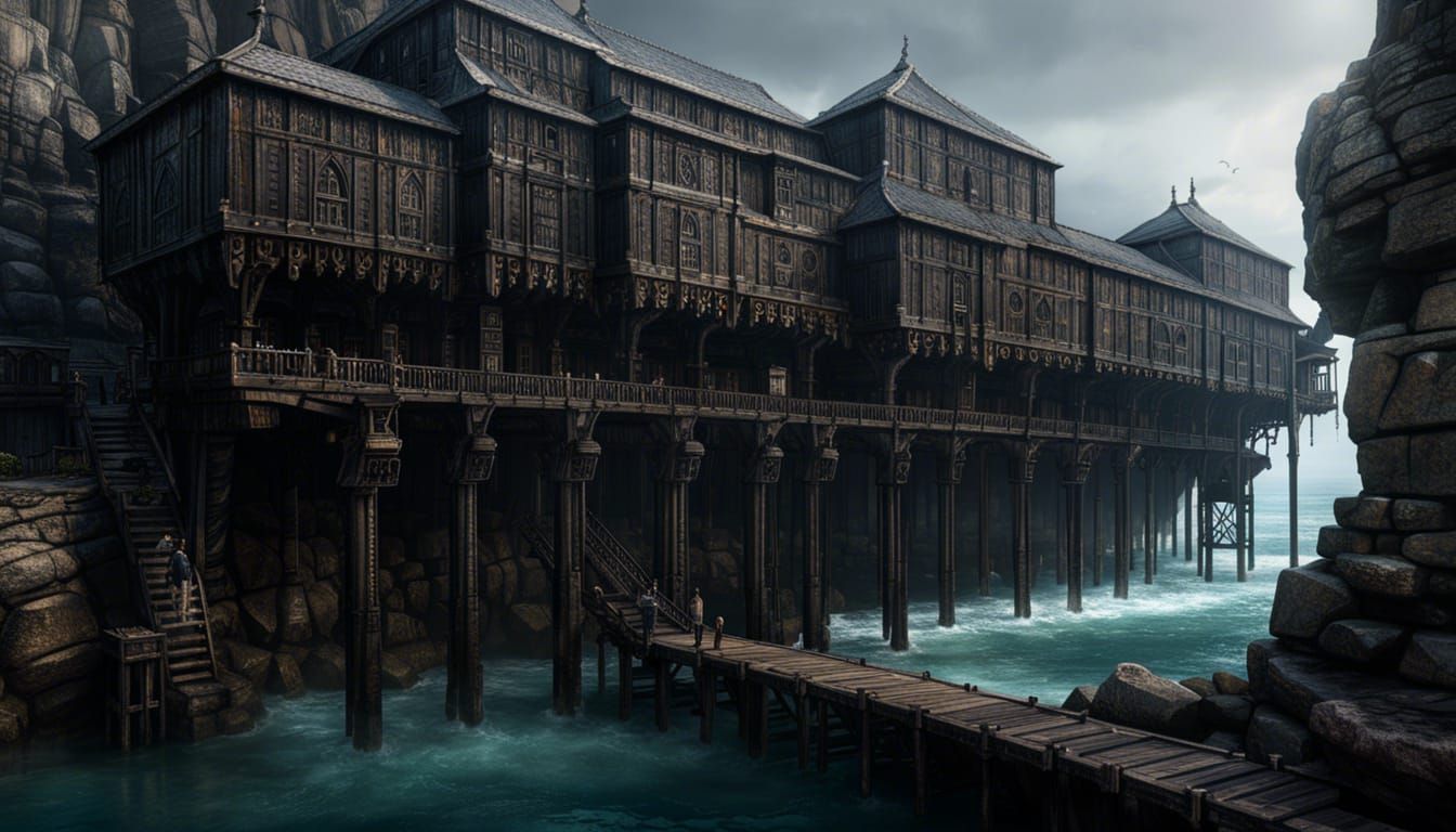Eldritch Stone Warehouse on a Pier in Dark Fantasy Style