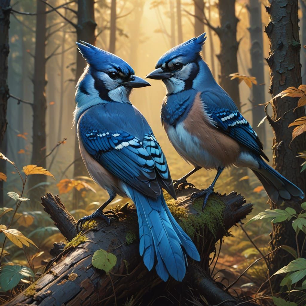 Vibrant Avian Battle in a Lush Bluejay Forrest