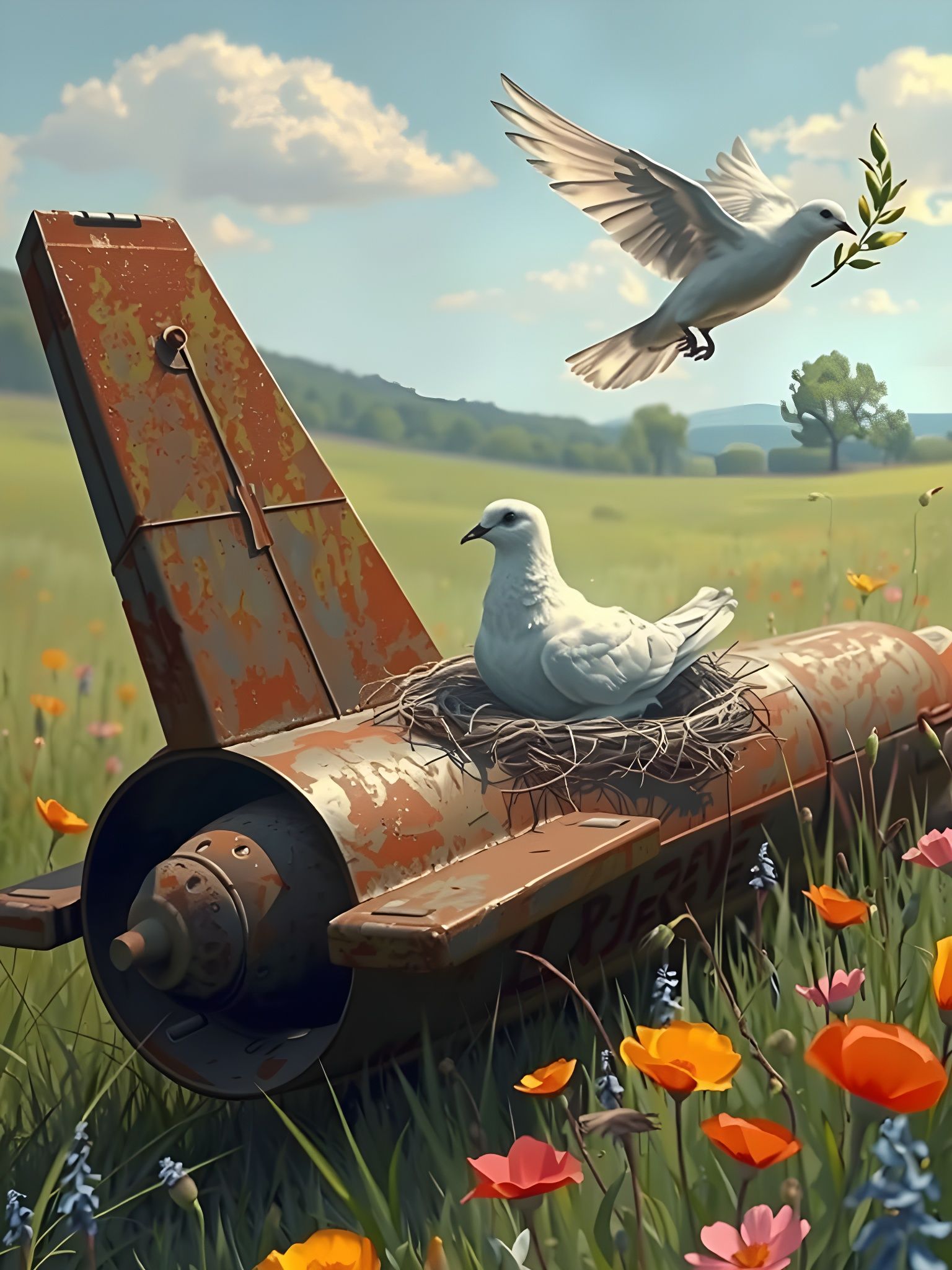 Peaceful Doves Amidst War's Ruins in a Serene Landscape