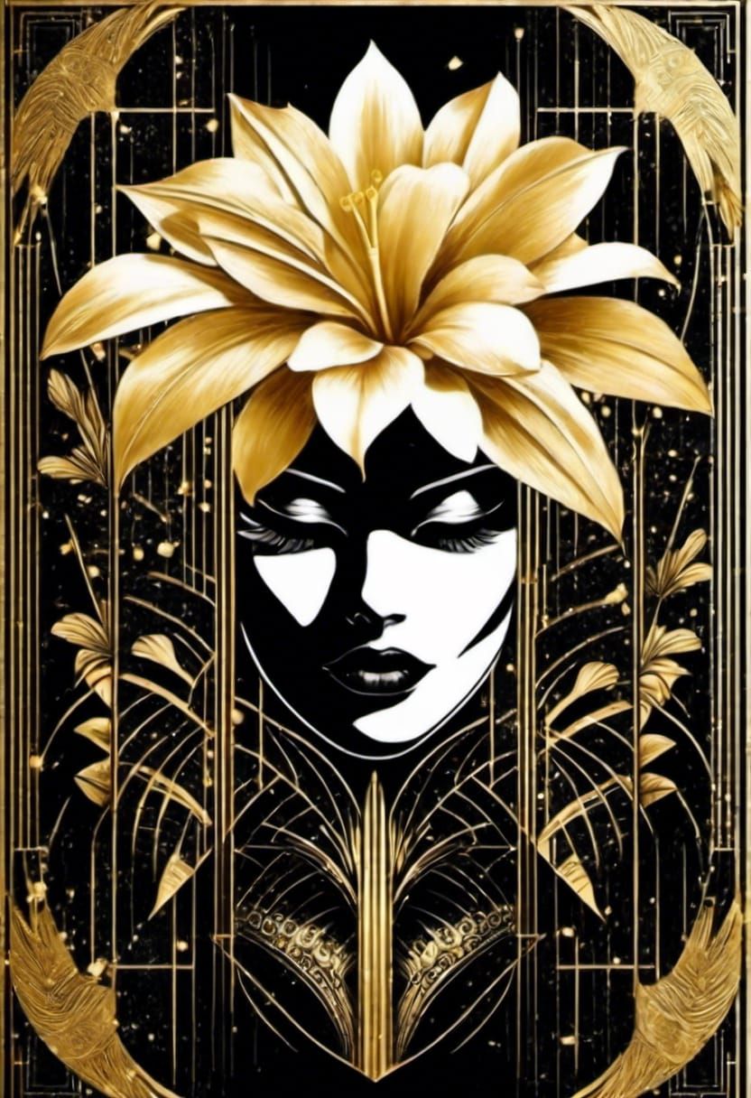 Art Deco Floral Tattoo Illustration in Black and Gold