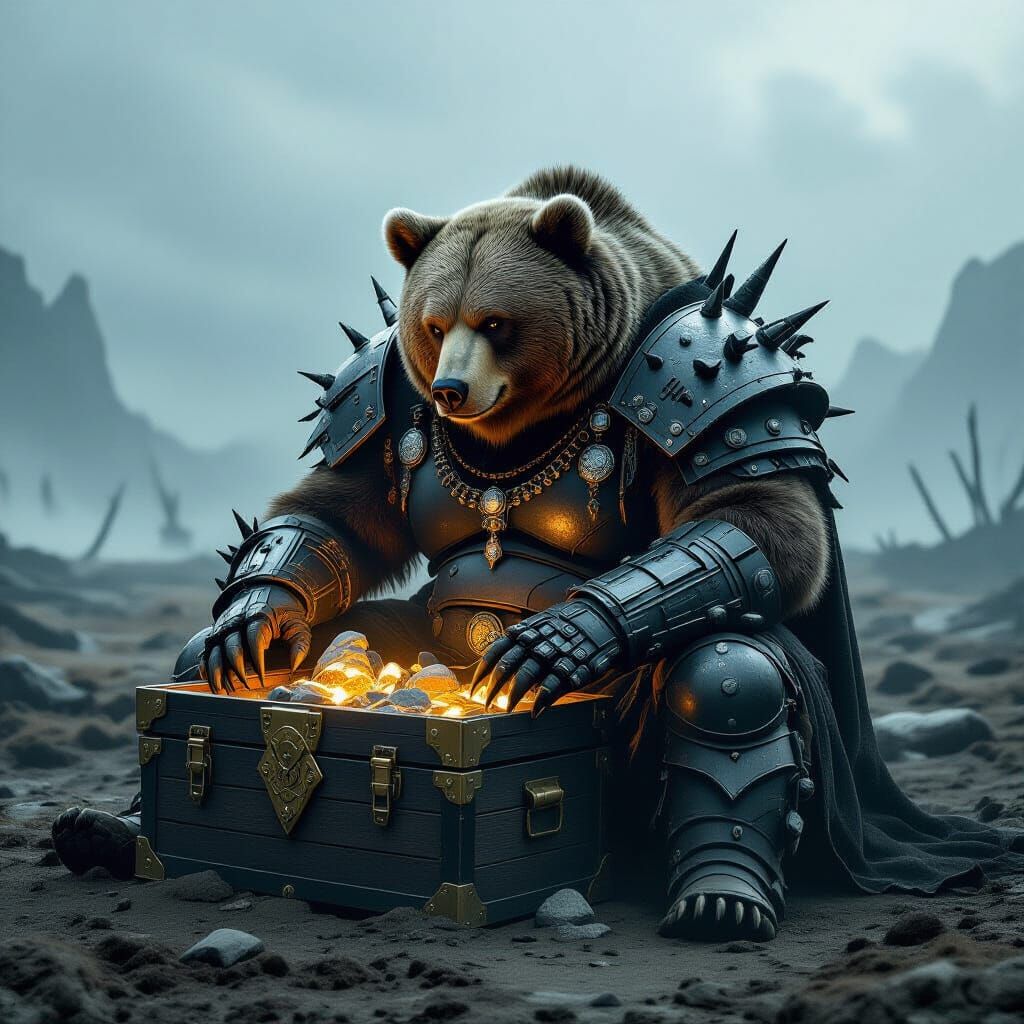 Cybernetic Bear Hoarding Treasure in Wasteland