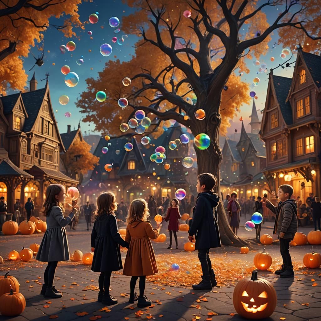 Halloween Town Square Celebration with Rainbow Bubbles