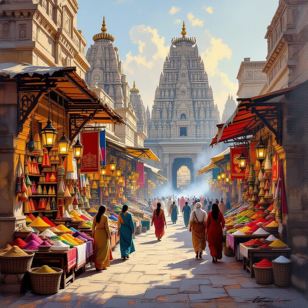 Ancient Marketplace Festival in Classical Oil Painting Style