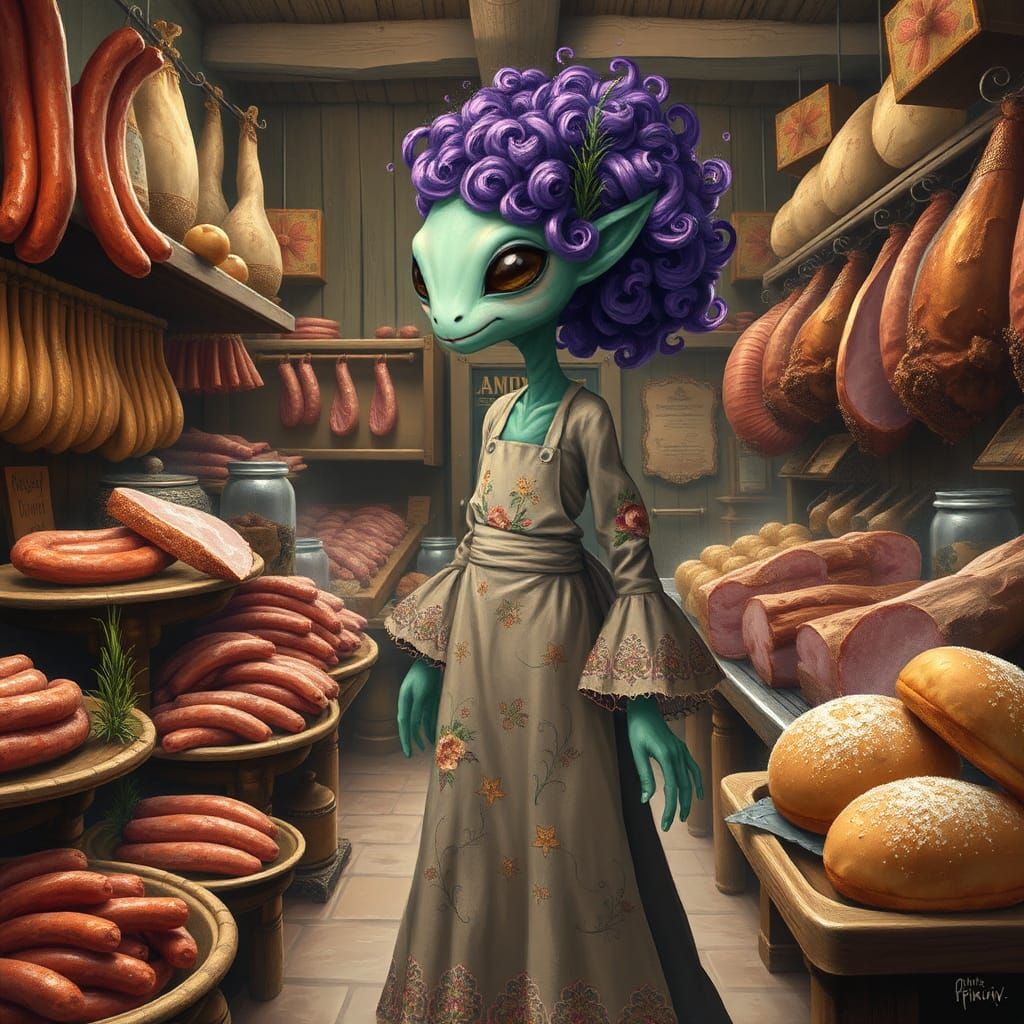 Alien Butcher in Dreamlike Abstract Style