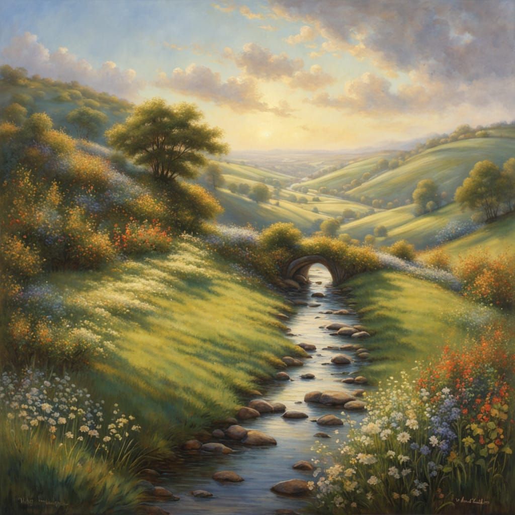 Idyllic Shire Countryside Scene in Golden Light