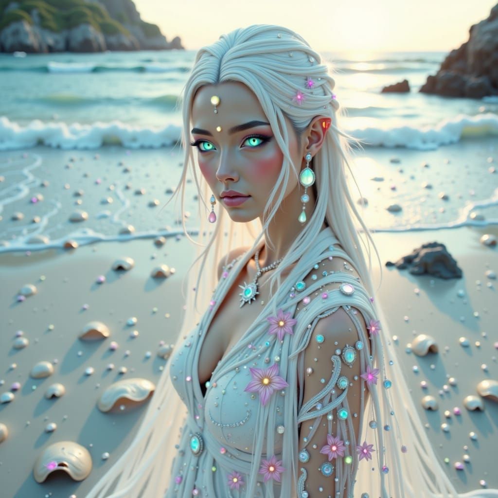 Ethereal Alien Woman on Beach in Photorealistic Style