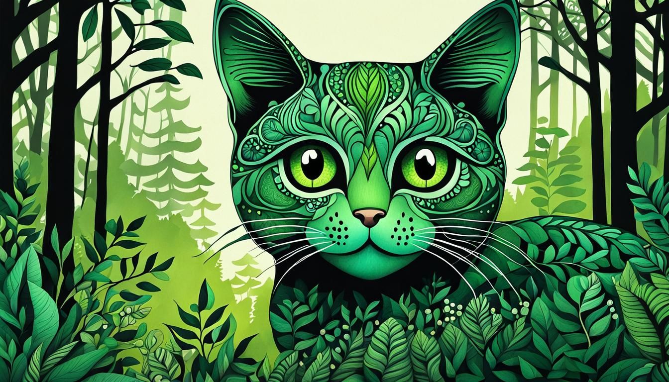 Mysterious Forest: Adorable Green Cat Zentangle Poster