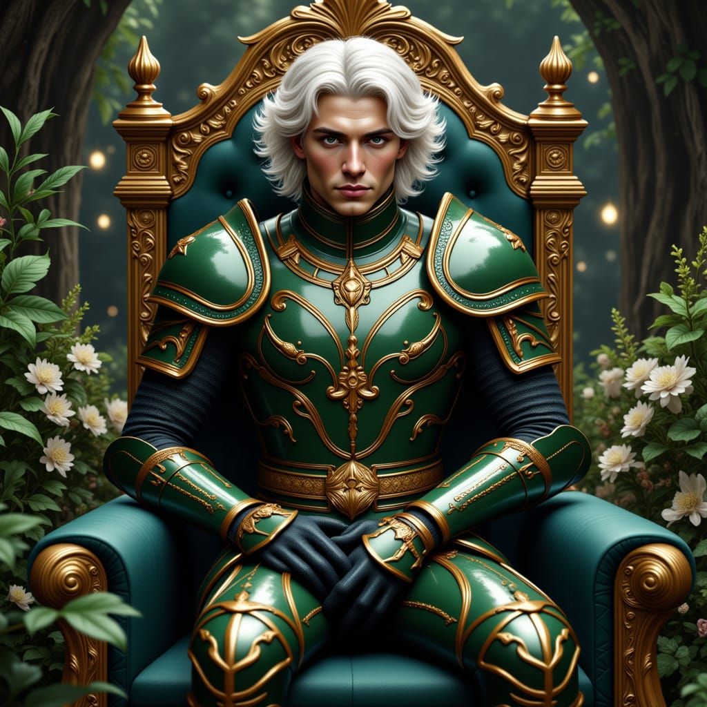 Celestial Knight on Obsidian Throne in Art Nouveau Style