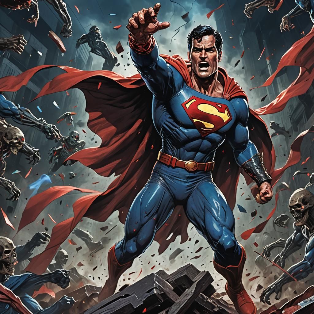 Ash Williams as Superman Fighting Evil Dead in Anime Style