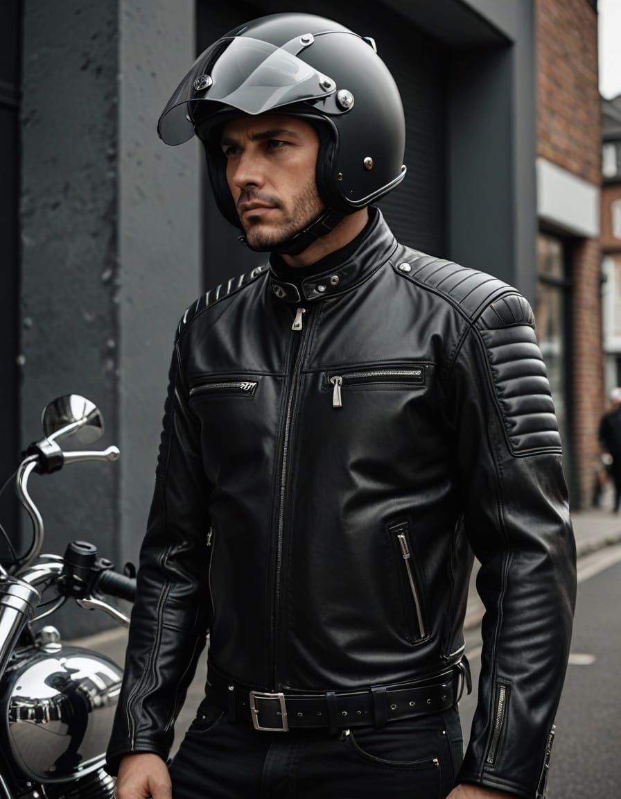 Biker Man Portrait in Leather Jacket and Helmet