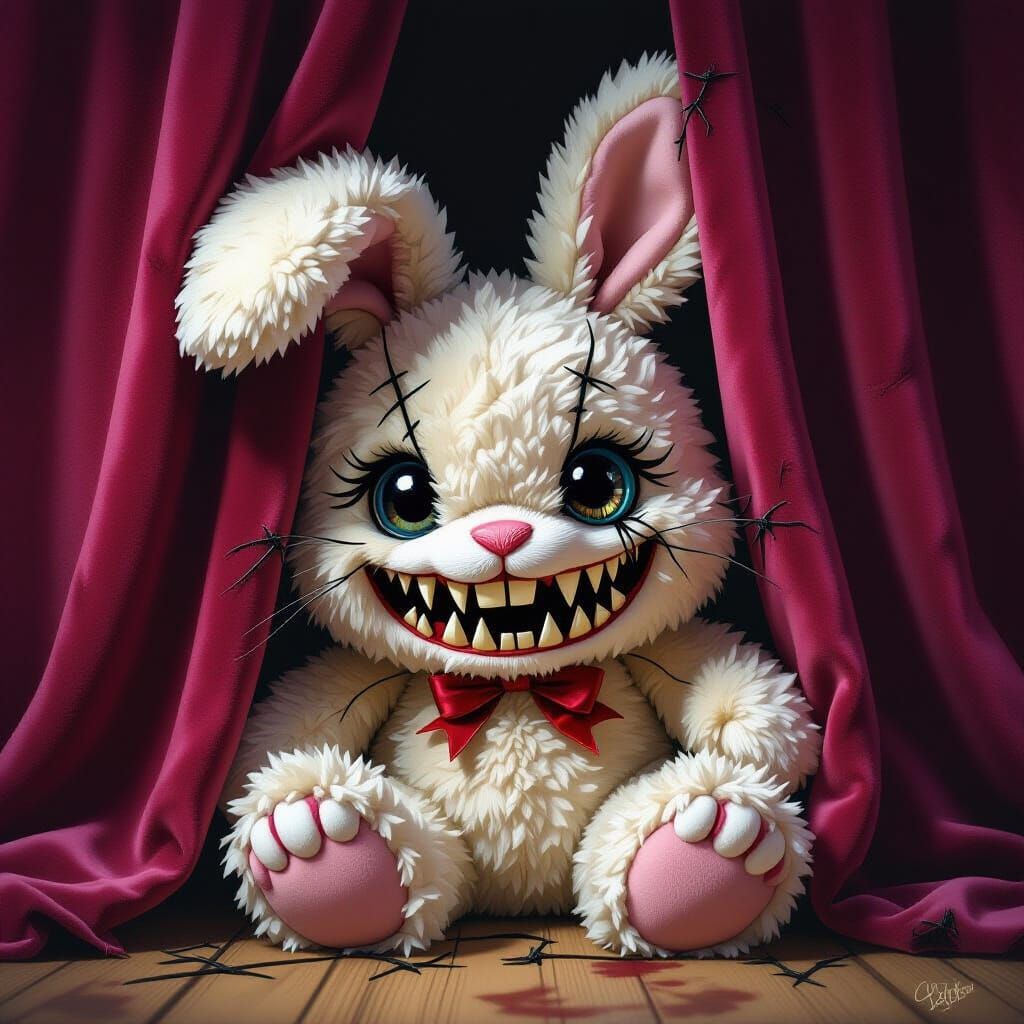 Evil Bunny Toy with Sharp Teeth Behind Curtain