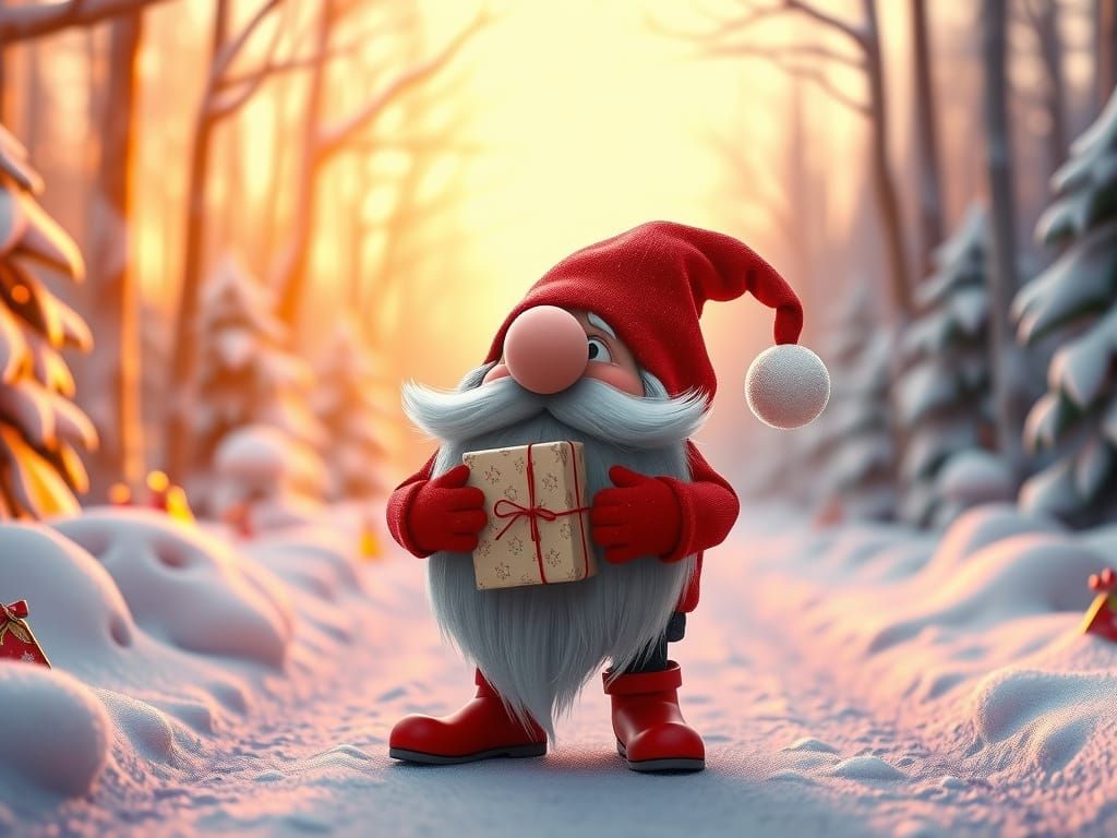 Festive Christmas Gnome Holding Gift in Snowy Forest