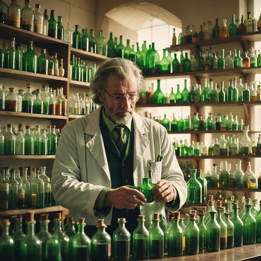 Mad Scientist Among Green Potions: Cinematic Film Still