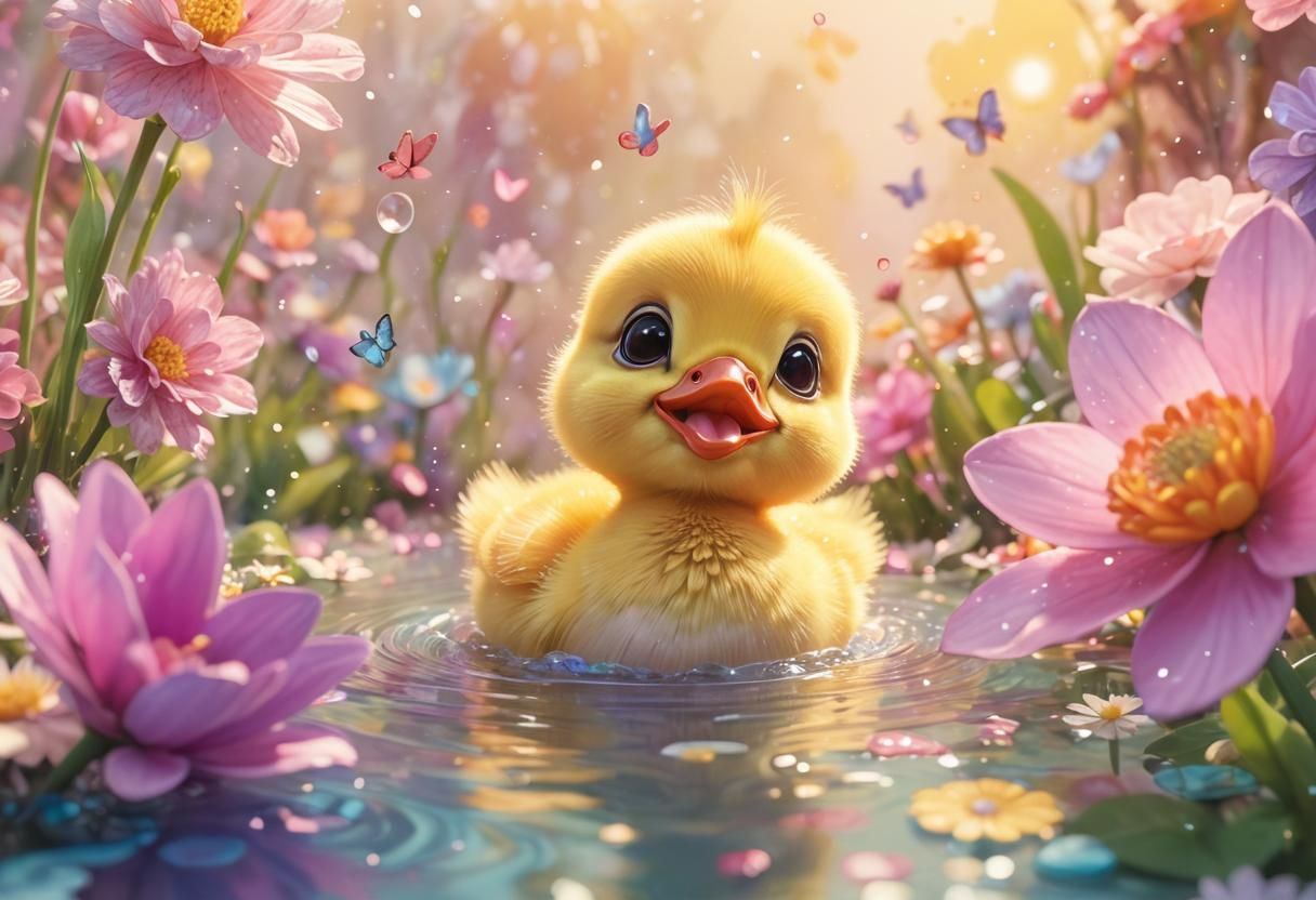 Cute Duckling and Butterfly in Pixar-Style Wonderland