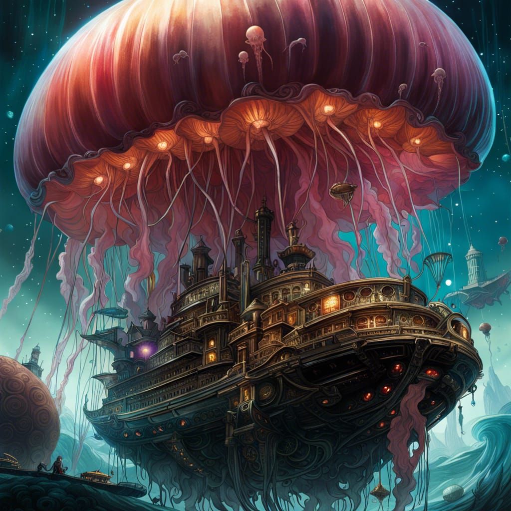 giant jellyfish attacking a space ship