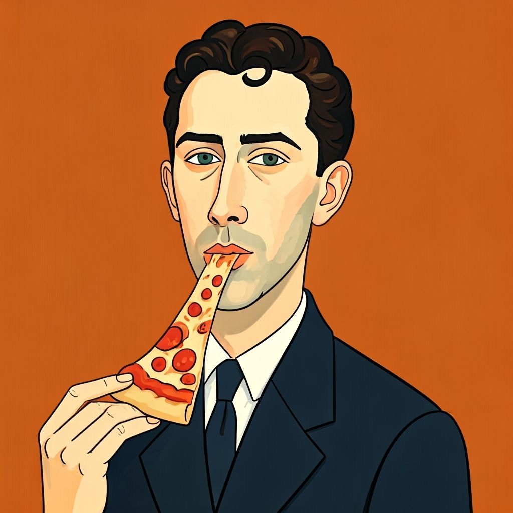 Italian Man Enjoying Pizza: Modigliani-Inspired Art