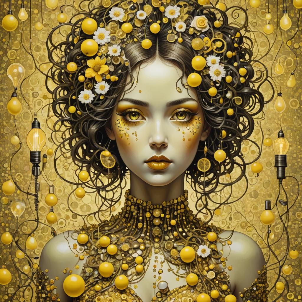 Lemon Lightbulb Woman: Digital Art in Klimt Style