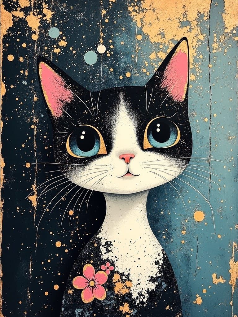 Delicate Girl and Feline Friend in Textured Oil Painting